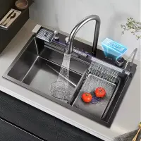 Chiuveta Bucatarie Multifunctionala Negru Grafit cu 2 Cascade, Robinet Cascada, Afisaj Digital Temperatura, Accesorii Incluse