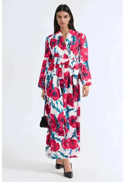 Rochie Maxi - Floral - Multicolor - Poliester - Maneca lunga