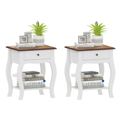 HOMCOM Set de 2 Noptiere cu Sertar Raft Deschis și Blat cu Efect de Stejar Stil Francez 45x35x55 cm Alb și Stejar | Aosom Romania