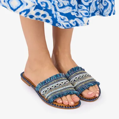 PAPUCI dama Piele ECOLOGICA CU strasuri stil Mexican CRL1013 Culoare: ALBASTRU