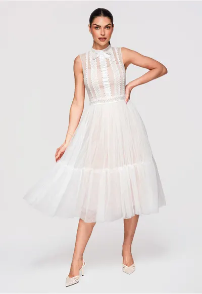 Rochie Midi Evazata cu Dantela si Guler Inalt - Rochie Eleganta de Ocazie - Alb