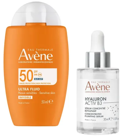 Avène Hyaluron Activ B3 & Sun Set - Ser și fluid de protecție solară, SPF50+, 30 + 50 ml (Limitat)