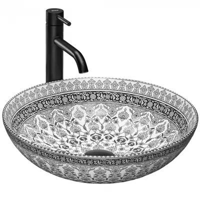 Lavoar rotund, ceramica, Alb Negru cu model decorativ, 40x40 cm, REA