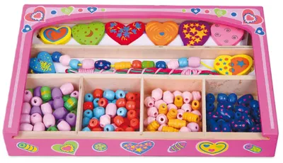 Set din lemn Viga - Mărgele șir într-o cutie, Inimi