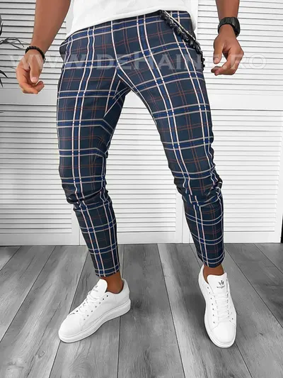 Pantaloni barbati casual regular fit bleumarin in carouri B7948 19-3.2