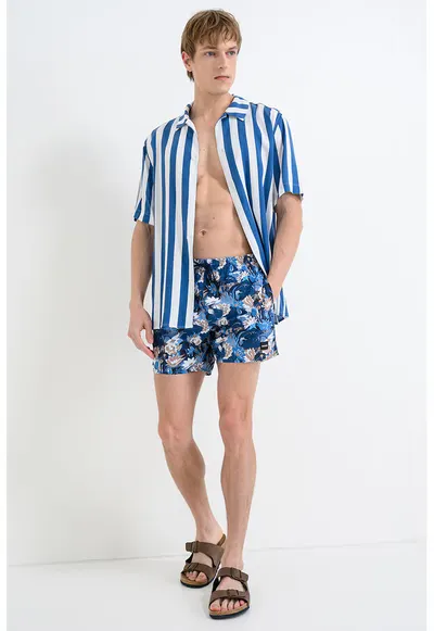 Pantaloni scurti de baie cu imprimeu tropical Piranha - Bej/Albastru