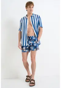 Pantaloni scurti de baie cu imprimeu tropical Piranha - Bej/Albastru