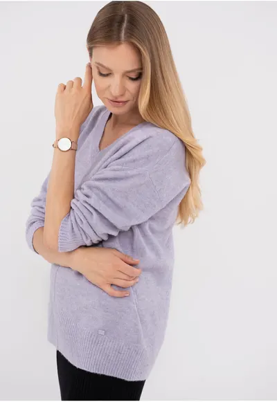 Pulover Dama cu decolteu in V - Lejer - Violet melange - Violet melange