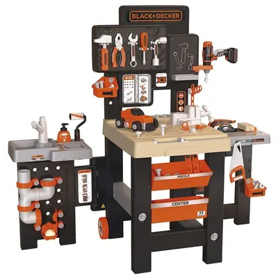 Banc de lucru, Smoby, Black+Decker, Cu diverse unelte si elemente de bricolaj, Pliabil, 56 x 34 x 103 cm, 36 luni+, Multicolor