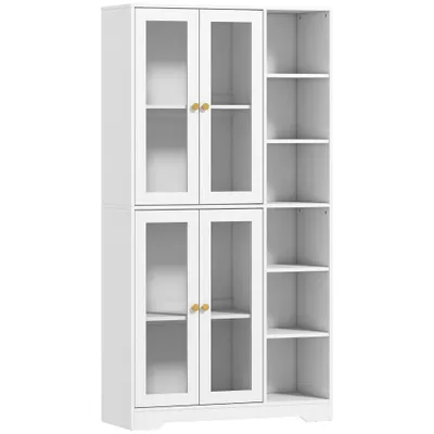 HOMCOM Bufet înalt pentru bucătărie, vitrină bufet cu 4 uși cu închidere silențioasă din sticlă securizată, 90x35x172cm, alb | Aosom Romania