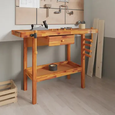 vidaXL Bancă de lucru cu sertar și menghine 124x52x83 cm, lemn masiv de acacia