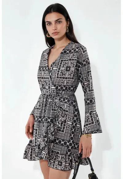Rochie Mini - Petrecuta cu Cordon in Talie - Bej Natural - Geometric - Maneca Lunga