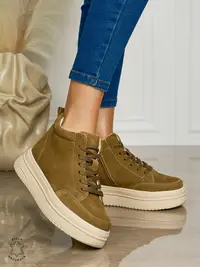 Ghete casual din piele naturală cu talpa solida CRL1510 KHAKI