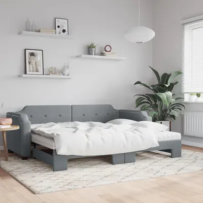 vidaXL Pat de zi cu extensie și saltele, gri deschis 90x200 cm textil
