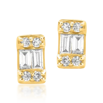 Cercei din aur galben cu diamante baguette si rotunde de 0.17ct