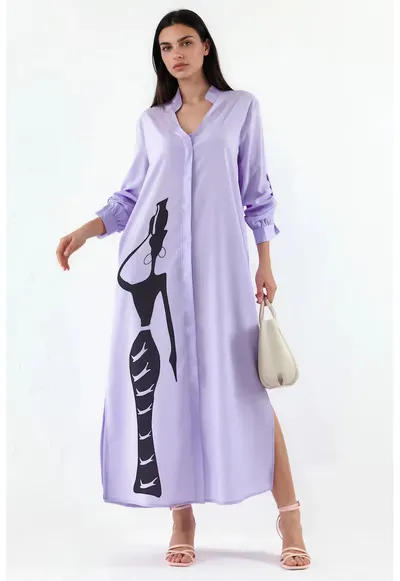 Rochie tip camasa - maxi - imprimeu text - mov - poliester cu lycra