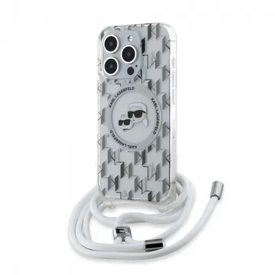 Husa MagSafe pentru Apple iPhone 15 Pro Max, Karl Lagerfeld, IML Crossbody Monogram Karl & Choupette's Heads, Transparenta