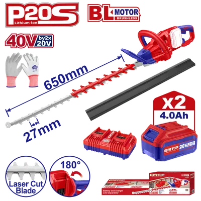Trimmer gard viu cu 2 acumulatori 4.0AH si incarcator dublu, lama 650, manusi protectie - ELHT400282, EMTOP Engros