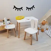Set masuta si 2 scaunele cu spatar pentru copii Ginger Home Bunny Alb din lemn, margini rotunjite,potrivit pentru activitatiteme,gradinita,after school,greutate suportata 40kg