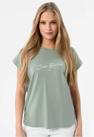 Tricou dama din bumbac cu inscriptie - Comfort Fit - maneci scurti - T-Cia - menta