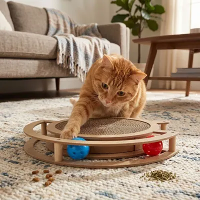 Sisal pentru pisici, cu 2 biluțe, formă rotundă, 39x38.5x5 cm, colecția Cats