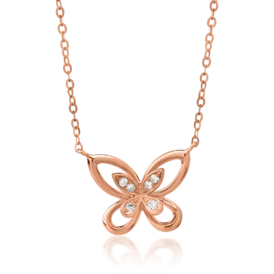 Lant cu pandantiv fluture din aur roz cu diamante de 0.027ct