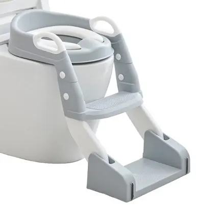 Reductor toaleta pentru copii Little Mom Grey, pliabil, ergonomic, sezut din PVC, manere de sustinere, vas colector detasabil, protectie anti-stropire, suprafata antiderapanta, 55 x 35 x 58 cm