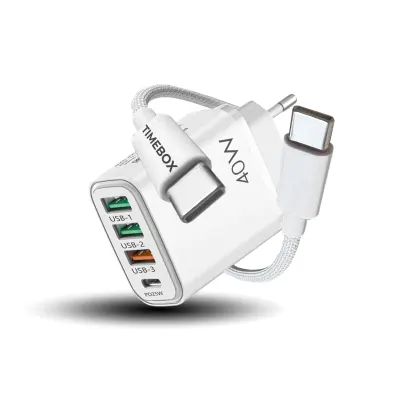 Incarcator Retea Timebox, 40W, 4 Porturi, 1 x Type-C si 3 x USB-A, Alb - Default Title