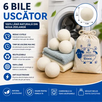 Set 6 Bile din Lana 100% pentru Uscator - Natural, Reutilizabil, Reduc Cutele de Imbracaminte, Economiseste Timpul de Uscare, Alternativa la Bilele de Plastic si Balsamul Lichid, Saculet Depozitare, Anti-electrizare, 6 cm, Alb