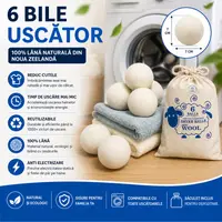 Set 6 Bile din Lana 100% pentru Uscator - Natural, Reutilizabil, Reduc Cutele de Imbracaminte, Economiseste Timpul de Uscare, Alternativa la Bilele de Plastic si Balsamul Lichid, Saculet Depozitare, Anti-electrizare, 6 cm, Alb