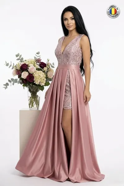 Rochie de seara lunga din tafta roz prafuit cu broderie si slit pe picior