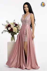 Rochie de seara lunga din tafta roz prafuit cu broderie si slit pe picior