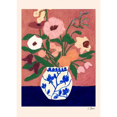 Poster 30x40 cm Flowers on Blue Table – Carla Llanos – The Poster Club
