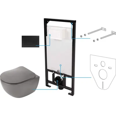 Set vas wc antracit cu capac soft close, rezervor incastrat, clapeta de actionare si izolare fonica Deante Poenia
