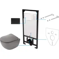 Set vas wc antracit cu capac soft close, rezervor incastrat, clapeta de actionare si izolare fonica Deante Poenia