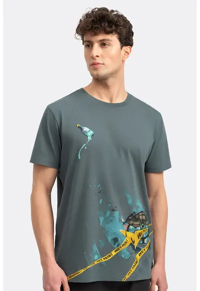 Tricou unisex cu imprimeu - Albastru prafuit/Galben sofran/Albastru petrol