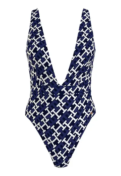 Costum de baie intreg cu monograma - Alb/Bleumarin