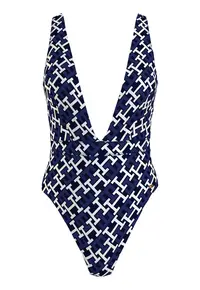 Costum de baie intreg cu monograma - Alb/Bleumarin
