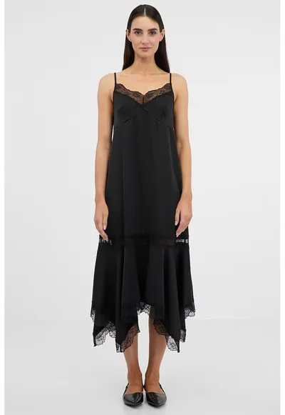 Rochie midi asimetrica cu garnitura dedantela - Negru