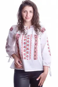 Ie traditionala alba cu motiv geometric rosu Madalina