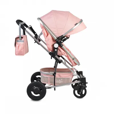Carucior 2 in 1 transformabil Moni Gigi Pink cu sezut reversibil,roti rezistente,husa picioare si geanta mamici incluse,pliere usoara,cadru rezistent din aluminiu,capotina mare