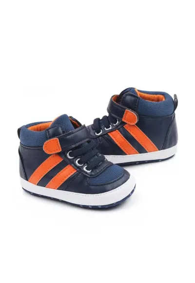 Pantofi sport Model AL 19525 cu dungi portocalii - Piele ecologica - Baieti - 3-6 luni - Bleumarin