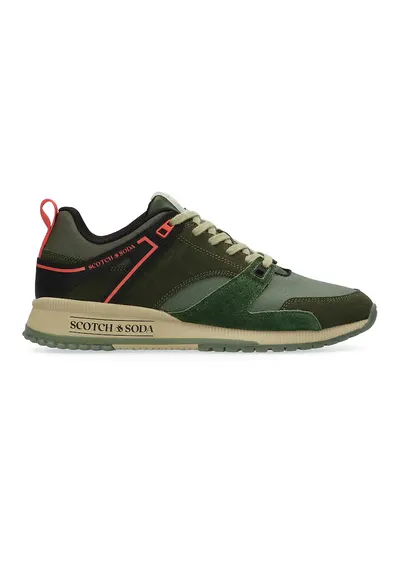 Pantofi sport de piele si piele intoarsa cu garnituri de plasa - Coral/Kaki/Verde sparanghel
