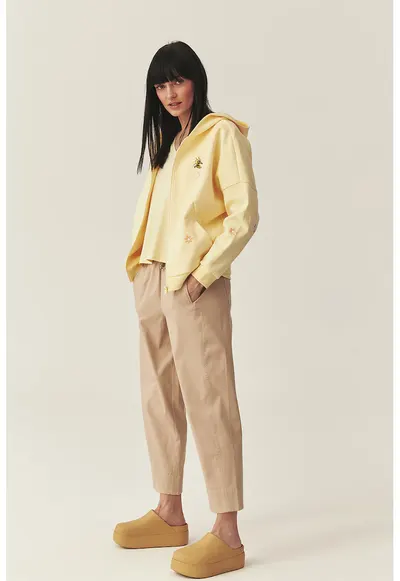 Pantaloni crop relaxed fit cu talie ajustabila - Bej inchis