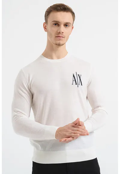 Pulover tricotat fin de lana cu logo - Alb fildes