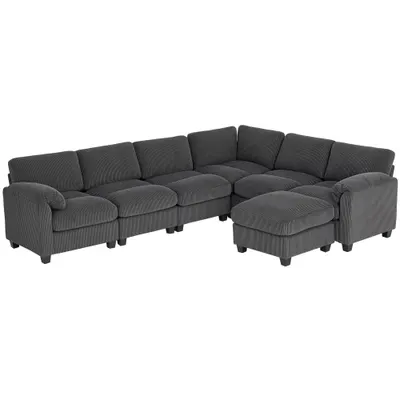 HOMCOM Colțar formă U canapea cu arcuri în buzunar, cotiere capitonate, otoman mobil, corduroy 292x224x85 cm Gri închis | Aosom Romania