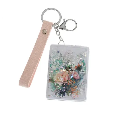 Oglinda portabila cu breloc si model floral pastel