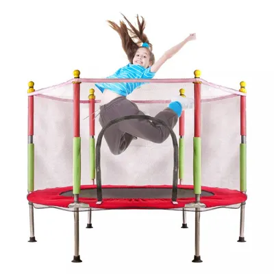 Trambulina de gradina pentru copii Ikonka RedGreen, diametru 140 cm, cadru metalic solid, cu plasa de siguranta si intrare cu fermoar, 10 bilute multicolore incluse