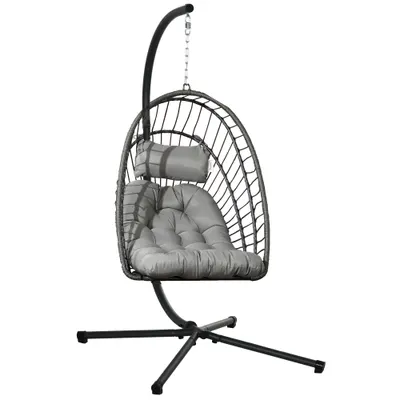 Outsunny Scaun Balansoar pentru Exterior cu Pernă Căptușită, Scaun Suspendat cu Coș Pliabil și Suport Metalic, 100x131x194 cm, Gri | Aosom Romania