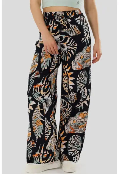 Pantaloni cu croiala ampla si talie inalta Poppy - Negru/Portocaliu/Bej